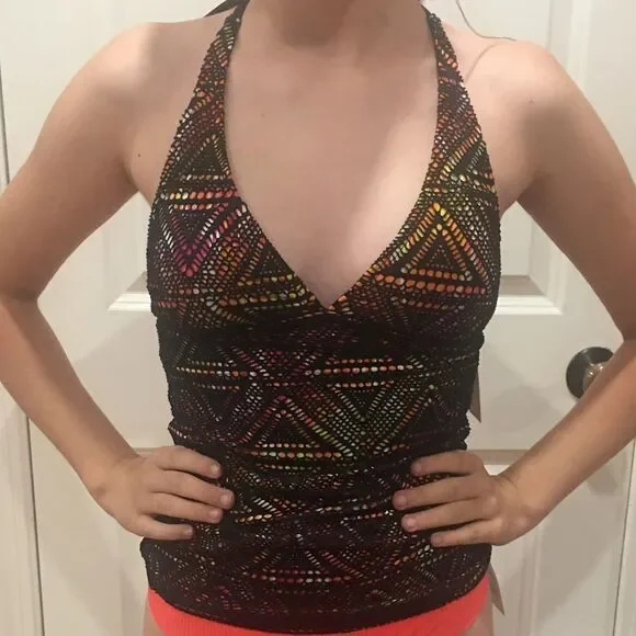 XS tankini swim top bathing suit Mudd black orange - Picture 2 of 7